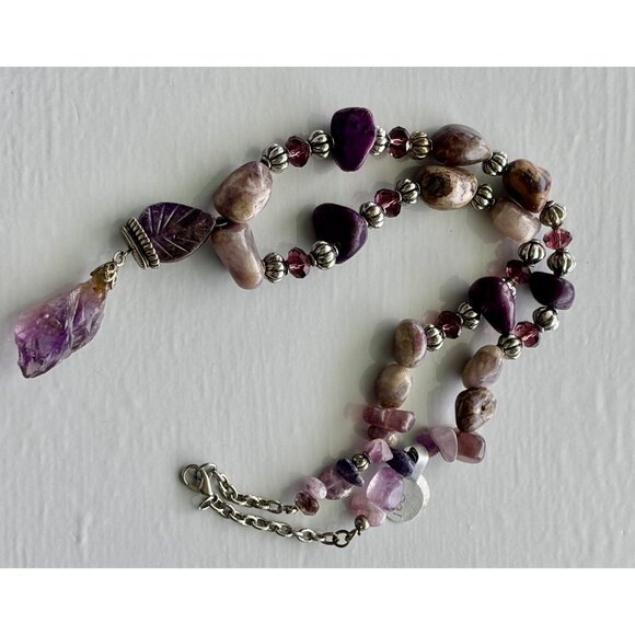 Amethyst & Purple Stone Beaded Necklace With Silver Accents Dangling Pendant & A - Picture 5 of 8